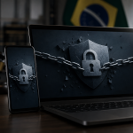 Celular e notebook com telas abstratas representando o bloqueio de plataformas ilegais de apostas on-line, sem textos legíveis