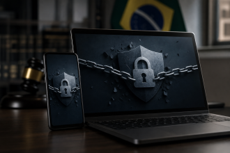 Celular e notebook com telas abstratas representando o bloqueio de plataformas ilegais de apostas on-line, sem textos legíveis