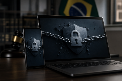 Celular e notebook com telas abstratas representando o bloqueio de plataformas ilegais de apostas on-line, sem textos legíveis