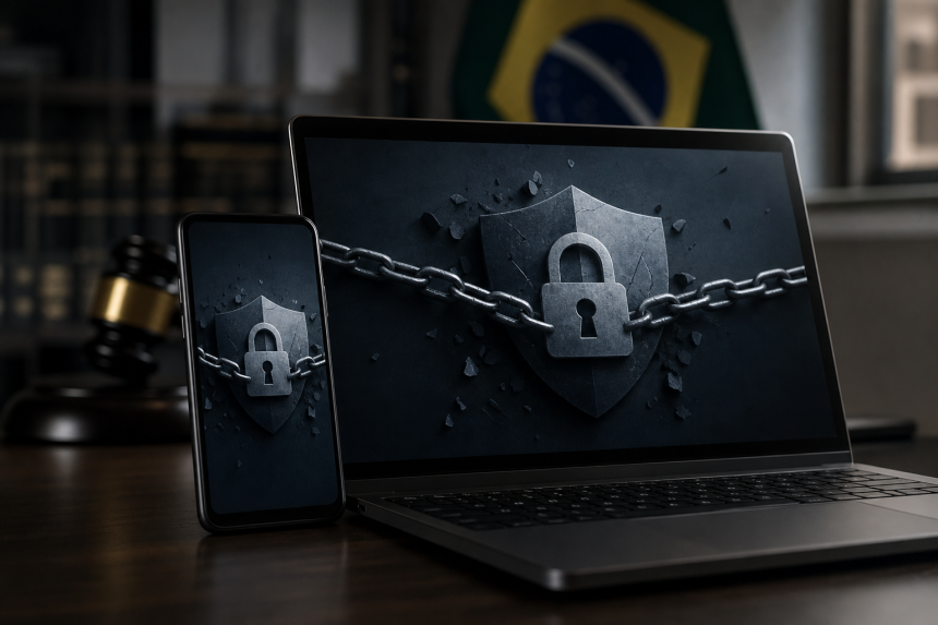 Celular e notebook com telas abstratas representando o bloqueio de plataformas ilegais de apostas on-line, sem textos legíveis